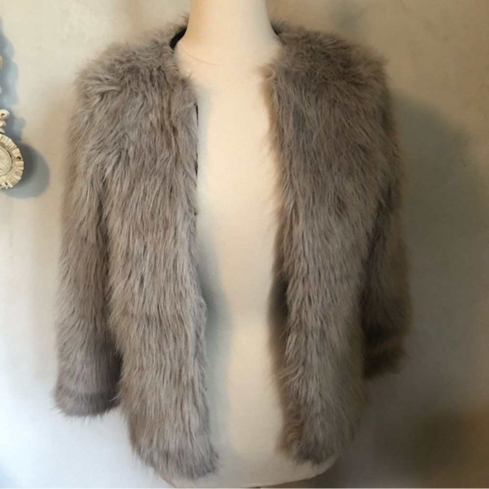 First Nice Gray faux fur shaggy jacket with hook & eye closure Size Medium